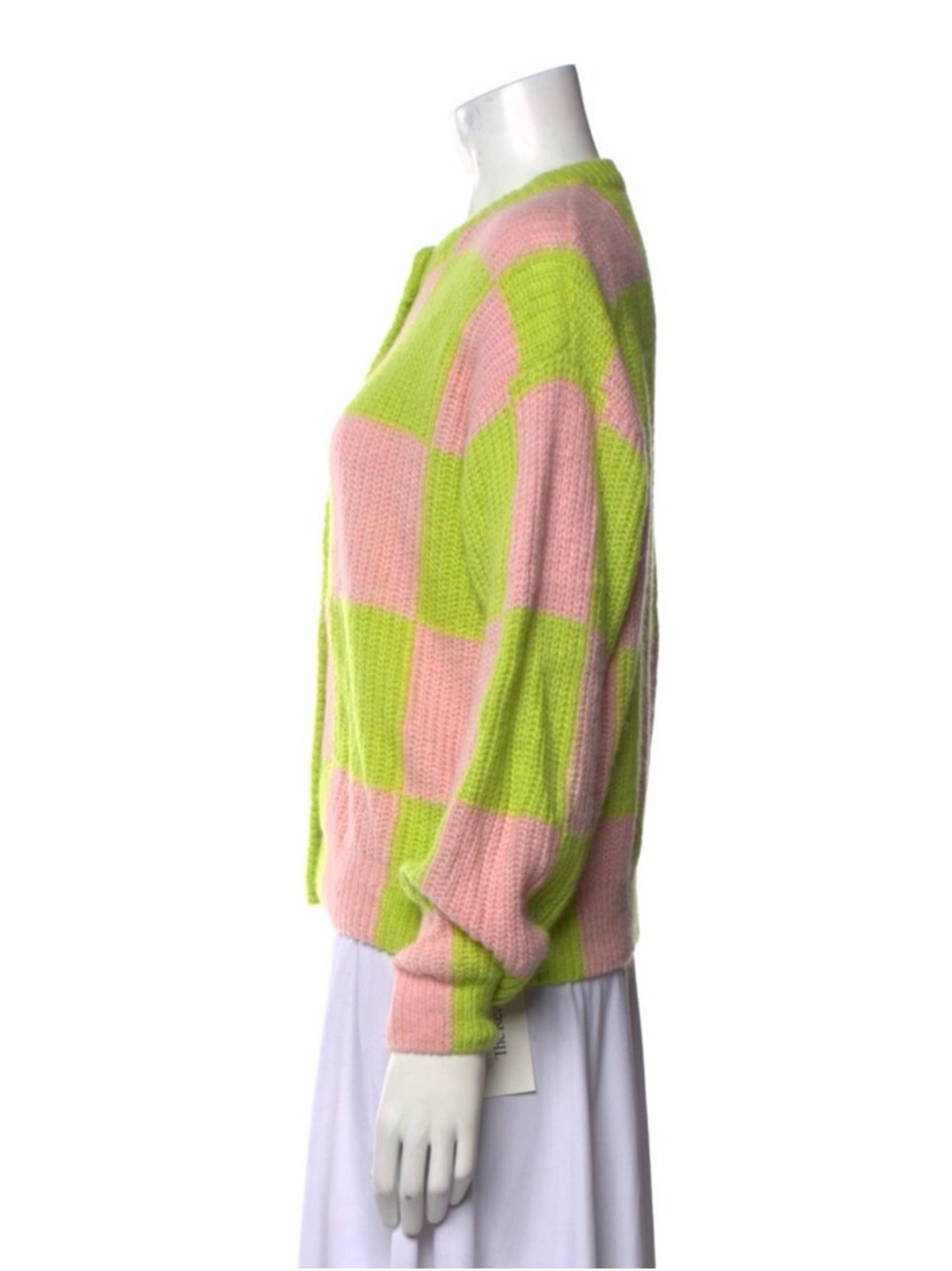 STINE GOYA Checkerboard Button-Up Cardigan in Pink & Lime plaid crewneck sweater - Picture 8 of 9